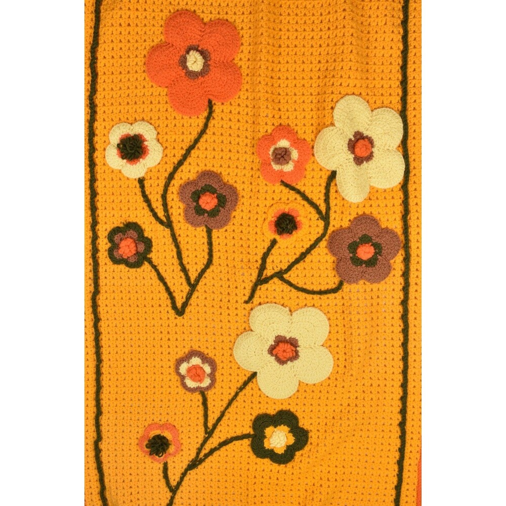 Vtg Handmade Crochet Afghan Blanket 3D Floral Granny Rectangle Orange Brown - Picture 2 of 4